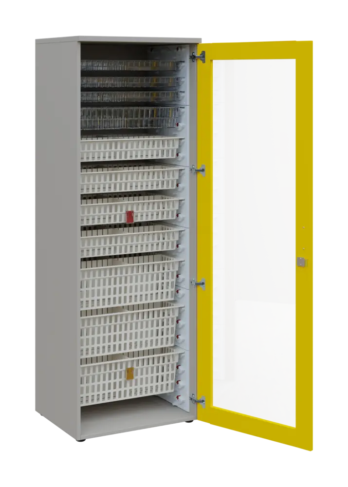 EUROMEDICA S - 66 skříň léková boxová, 1-dveřová/prosklená, pravá, 1950x660x535, korpus šedý, dvířka žlutá odio